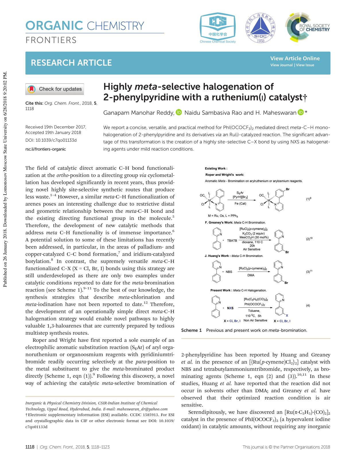 Highly meta-selective halogenation of 2-phenylpyridine with a ruthenium(I) catalyst by Ganapam Manohar Reddy Naidu Sambasiva Rao H. Maheswaran