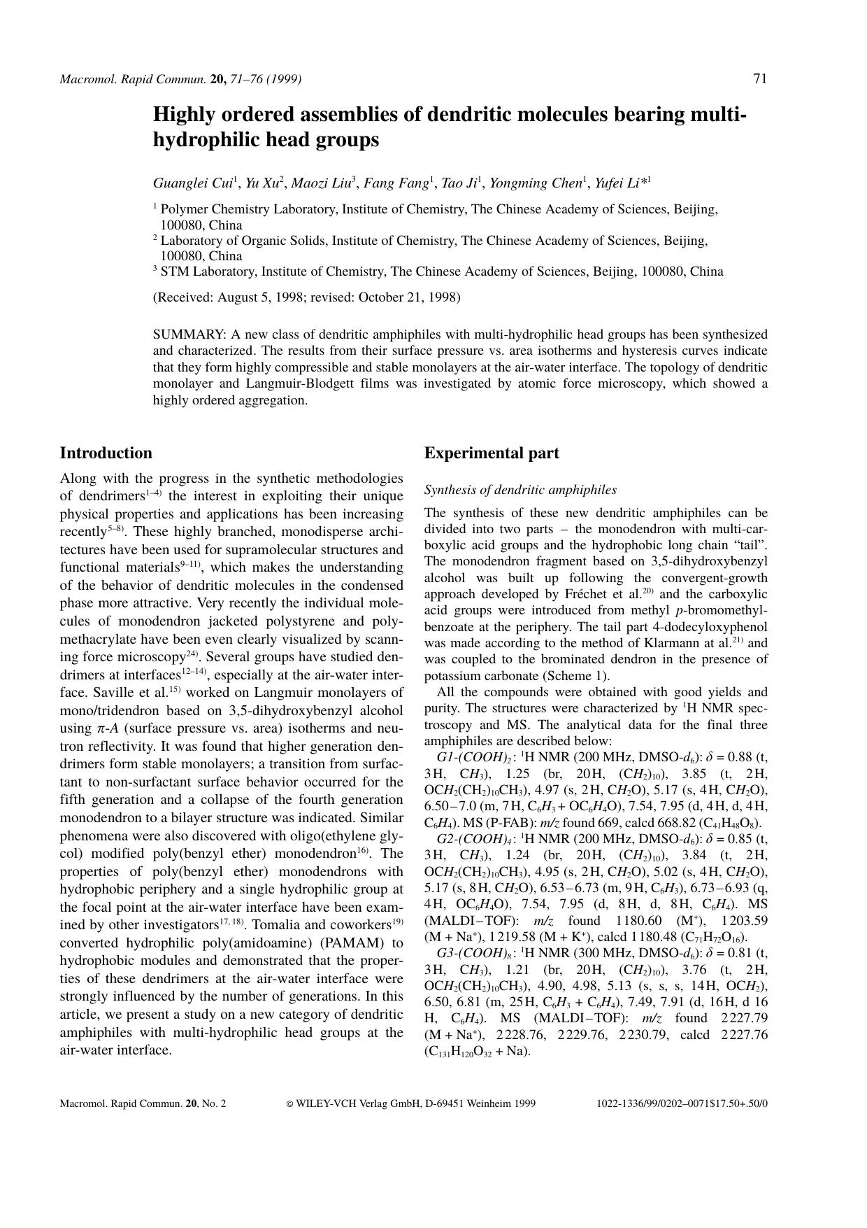 Highly ordered assemblies of dendritic molecules bearing multi-hydrophilic head groups by Unknown