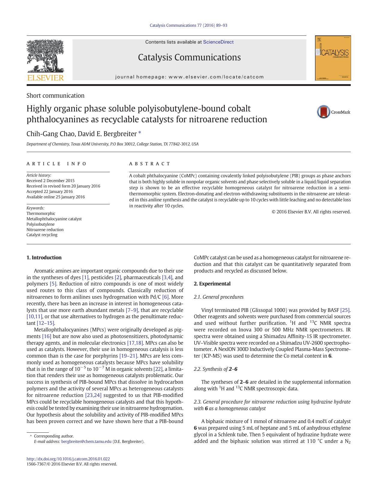 Highly organic phase soluble polyisobutylene-bound cobalt phthalocyanines as recyclable catalysts for nitroarene reduction by Chih-Gang Chao & David E. Bergbreiter