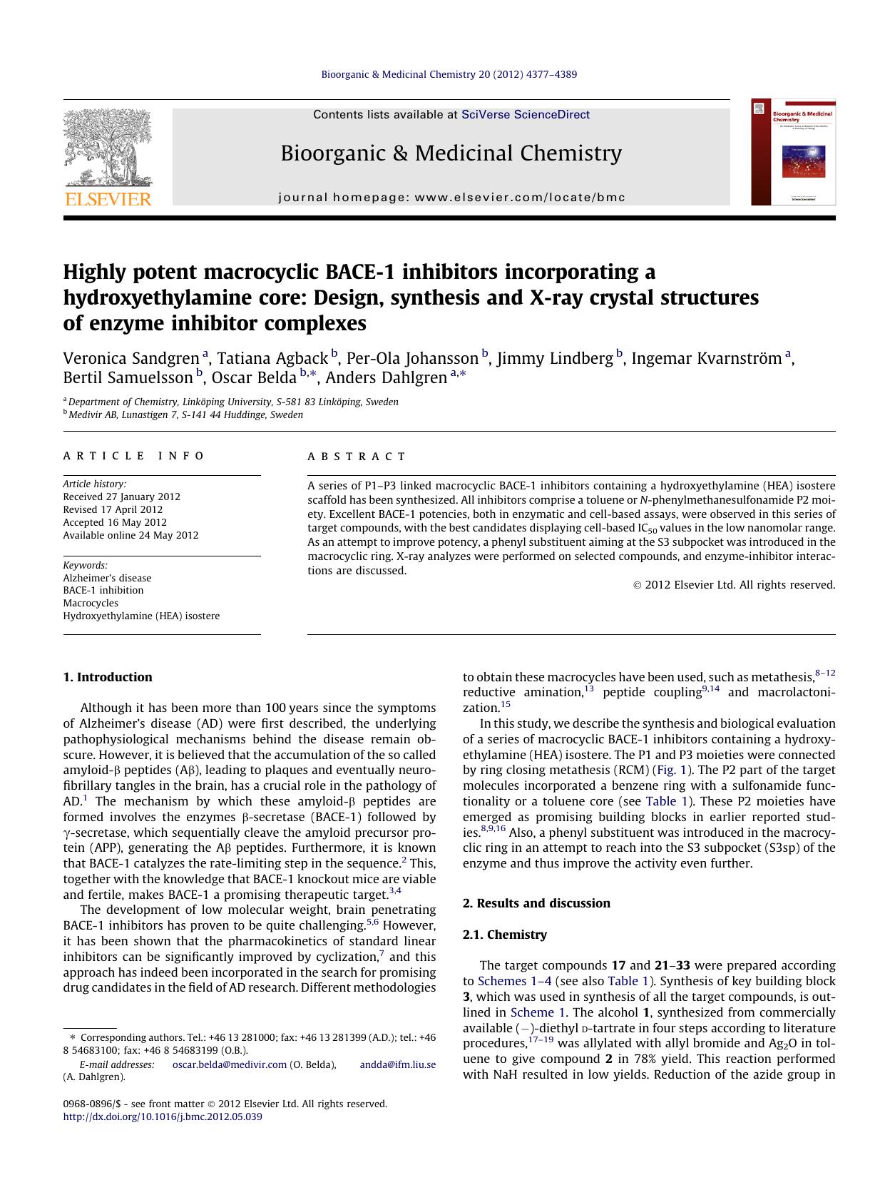 Highly potent macrocyclic BACE-1 inhibitors incorporating a hydroxyethylamine core: Design, synthesis and X-ray crystal structures of enzyme inhibitor complexes by unknow