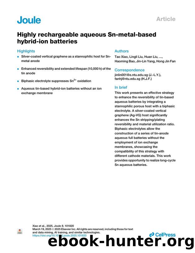 Highly rechargeable aqueous Sn-metal-based hybrid-ion batteries by unknow