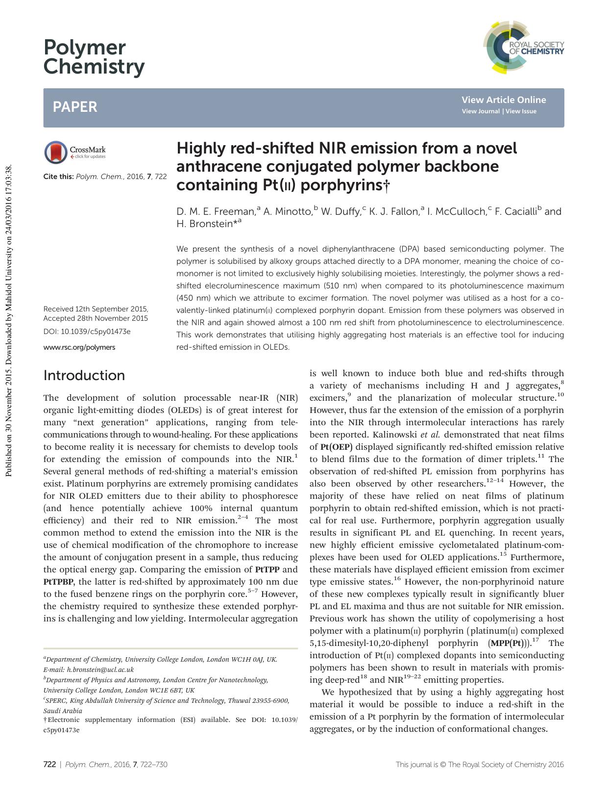 Highly red-shifted NIR emission from a novel anthracene conjugated polymer backbone containing Pt(II) porphyrins by D. M. E. Freeman A. Minotto W. Duffy K. J. Fallon I. McCulloch F. Cacialli H. Bronstein