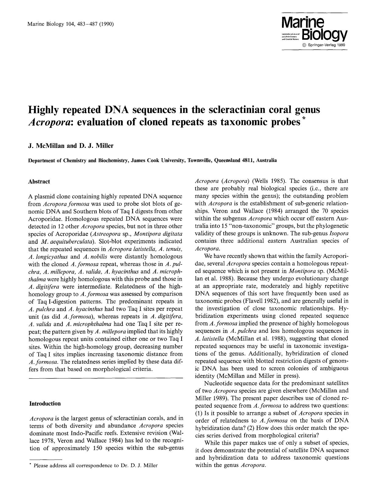 Highly repeated DNA sequences in the scleractinian coral genus <Emphasis Type="Italic">Acropora <Emphasis>: Evaluation of cloned repeats as taxonomic probes by Unknown