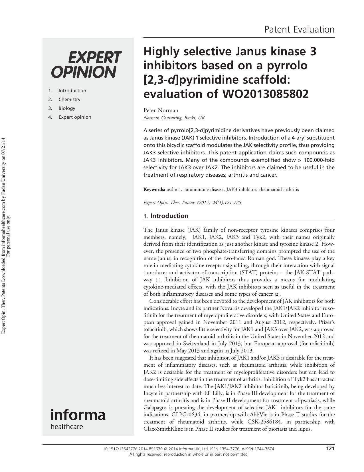 Highly selective Janus kinase 3 inhibitors based on a pyrrolo[2,3-d]pyrimidine scaffold: evaluation of WO2013085802 by Peter Norman