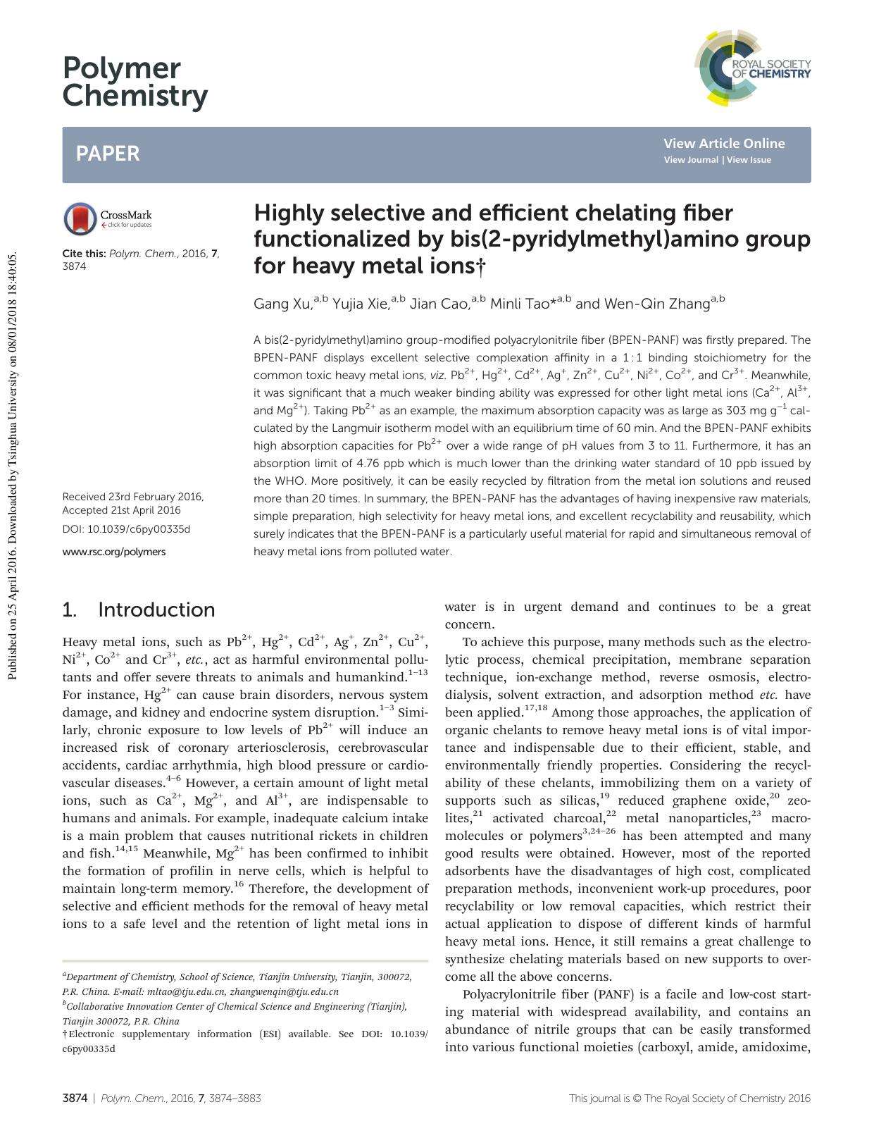 Highly selective and efficient chelating fiber functionalized by bis(2-pyridylmethyl)amino group for heavy metal ions by Gang Xu Yujia Xie Jian Cao Minli Tao Wen-Qin Zhang