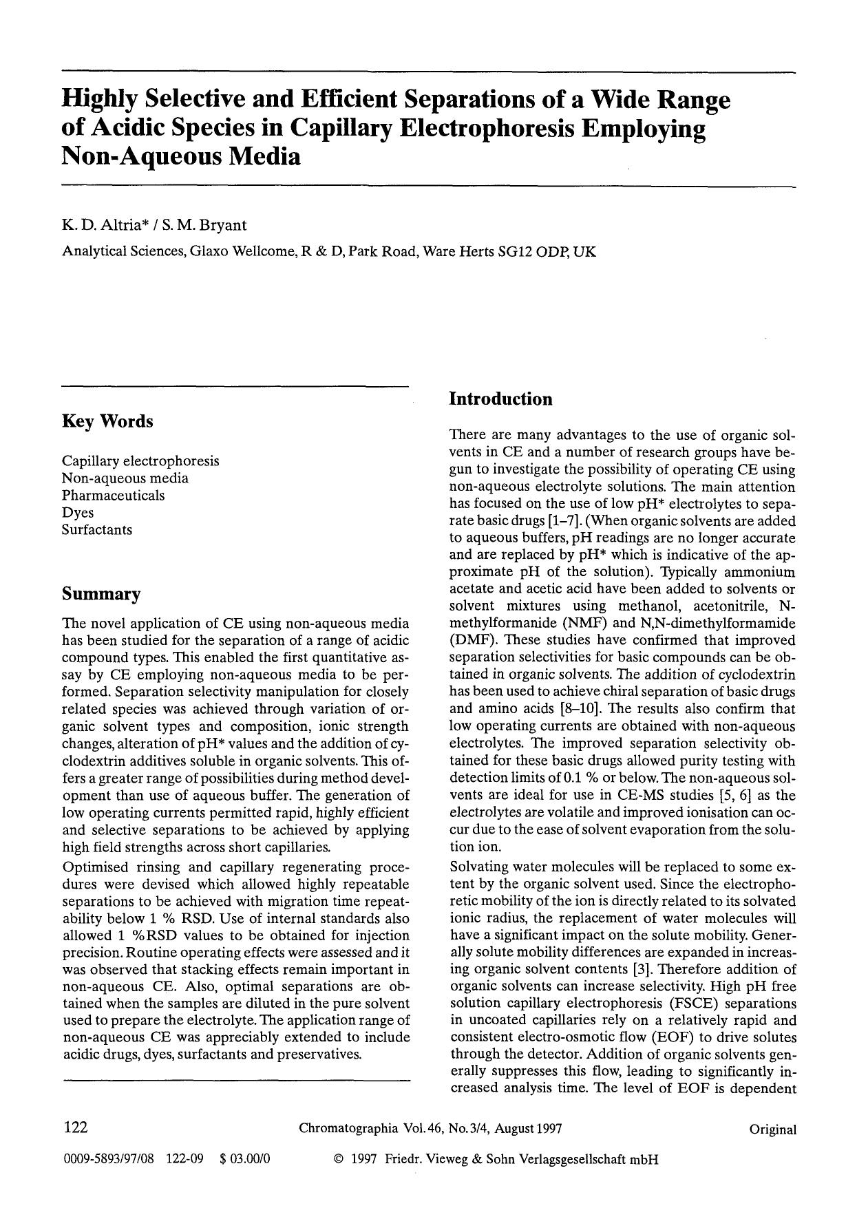 Highly selective and efficient separations of a wide range of acidic species in capillary electrophoresis employing non-aqueous media by Unknown