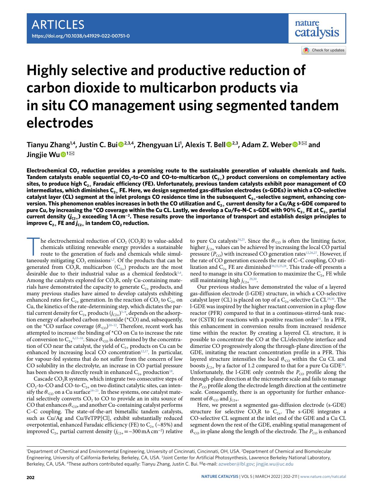 Highly selective and productive reduction of carbon dioxide to multicarbon products via in situ CO management using segmented tandem electrodes by Tianyu Zhang & Justin C. Bui & Zhengyuan Li & Alexis T. Bell & Adam Z. Weber & Jingjie Wu