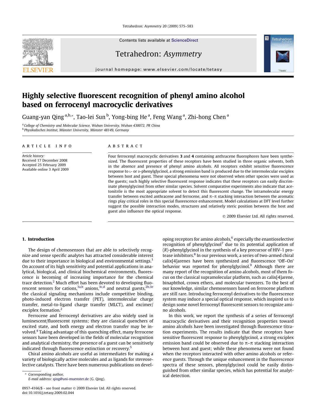Highly selective fluorescent recognition of phenyl amino alcohol based on ferrocenyl macrocyclic derivatives by Guang-yan Qing; Tao-lei Sun; Yong-bing He; Feng Wang; Zhi-hong Chen