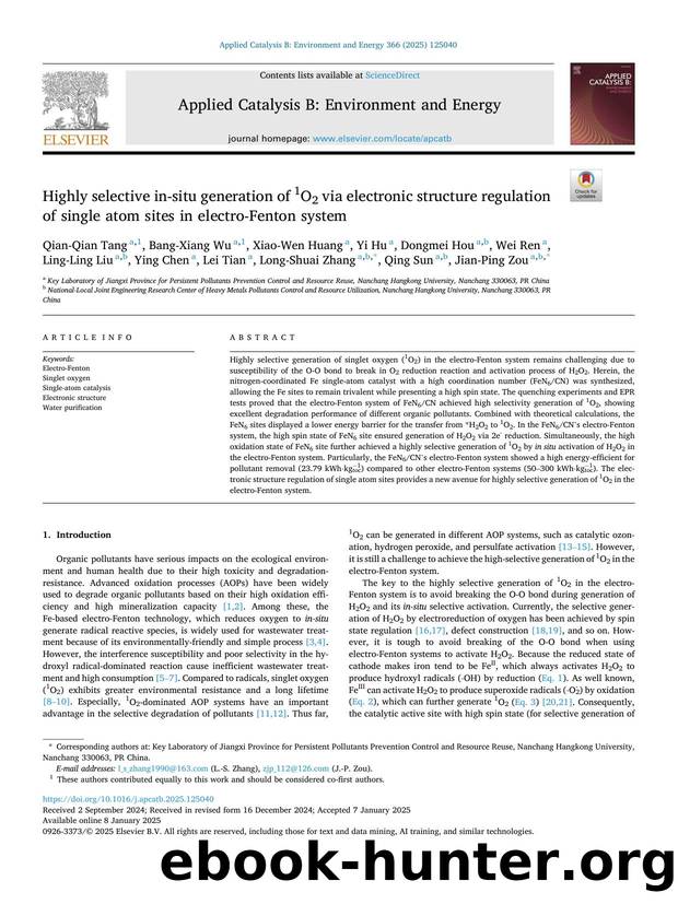 Highly selective in-situ generation of 1O2 via electronic structure regulation of single atom sites in electro-Fenton system by unknow
