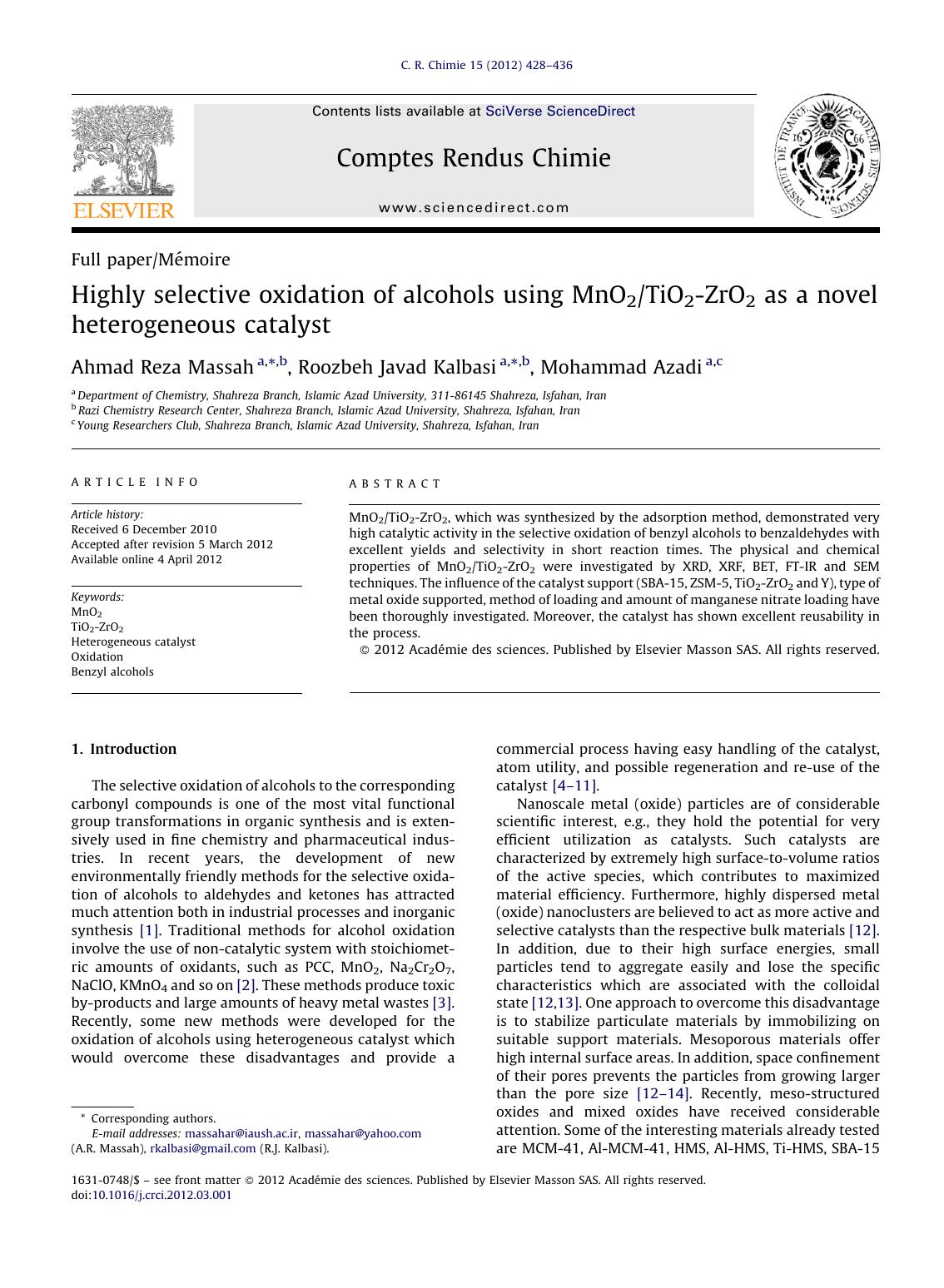 Highly selective oxidation of alcohols using MnO2TiO2-ZrO2 as a novel heterogeneous catalyst by Ahmad Reza Massah