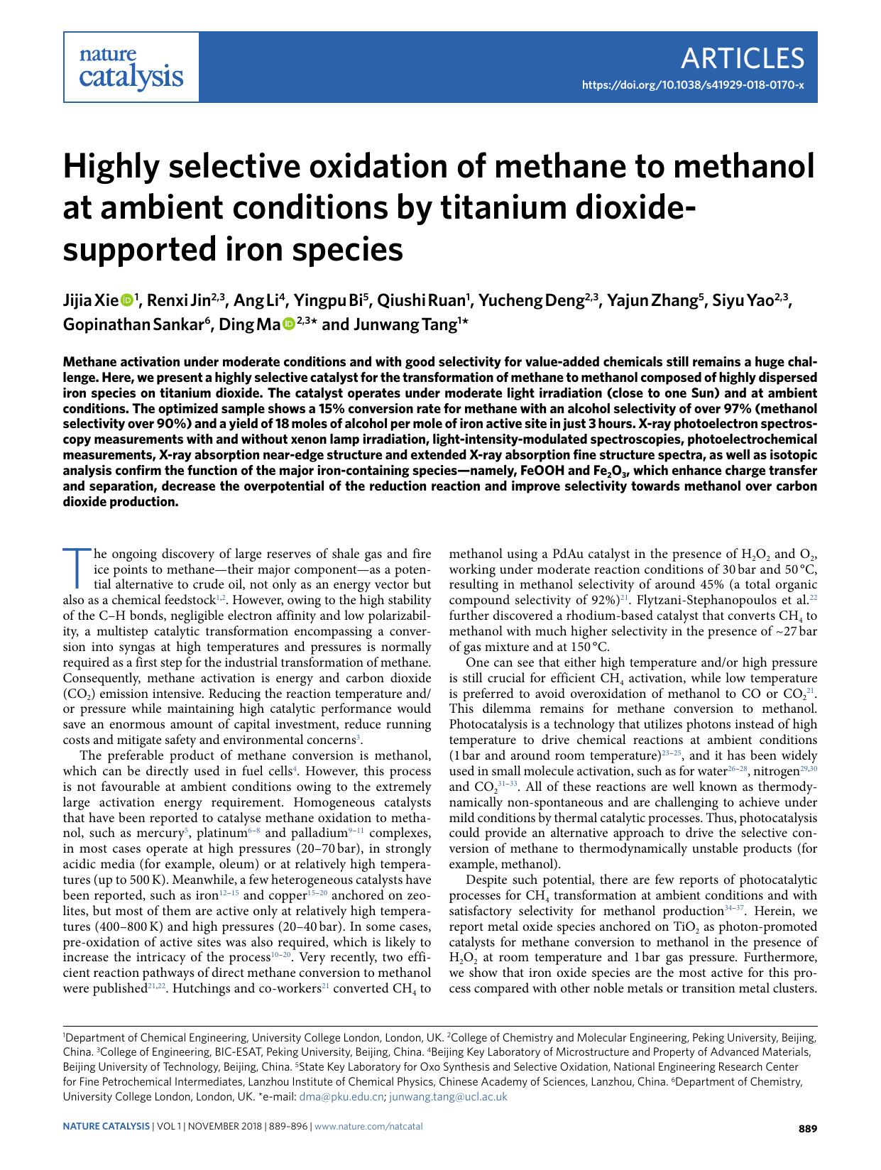 Highly selective oxidation of methane to methanol at ambient conditions by titanium dioxide-supported iron species by unknow