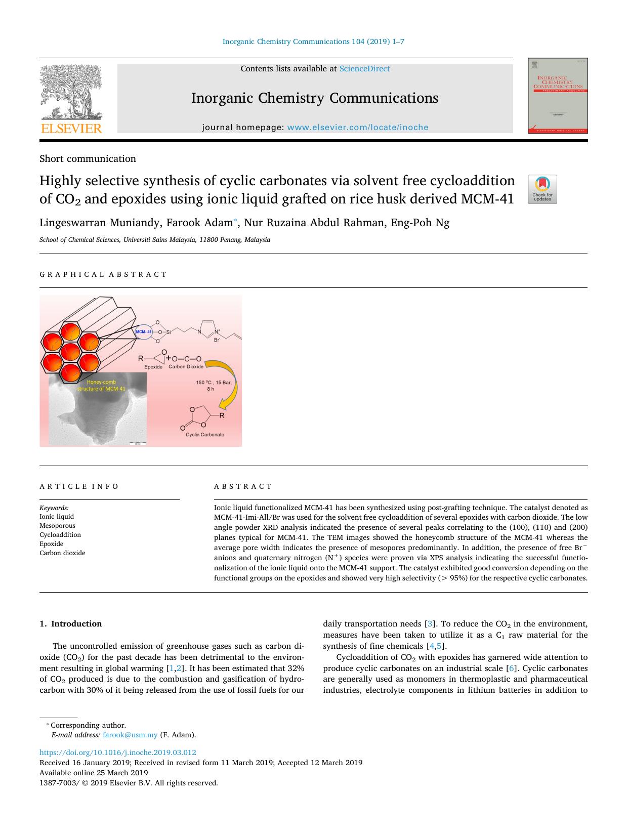 Highly selective synthesis of cyclic carbonates via solvent free cycloaddition of CO2 and epoxides using ionic liquid grafted on rice husk derived MCM-41 by Lingeswarran Muniandy & Farook Adam & Nur Ruzaina Abdul Rahman & Eng-Poh Ng