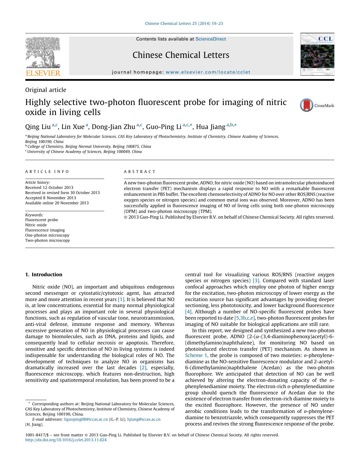 Highly selective two-photon fluorescent probe for imaging of nitric oxide in living cells by Qing Liu
