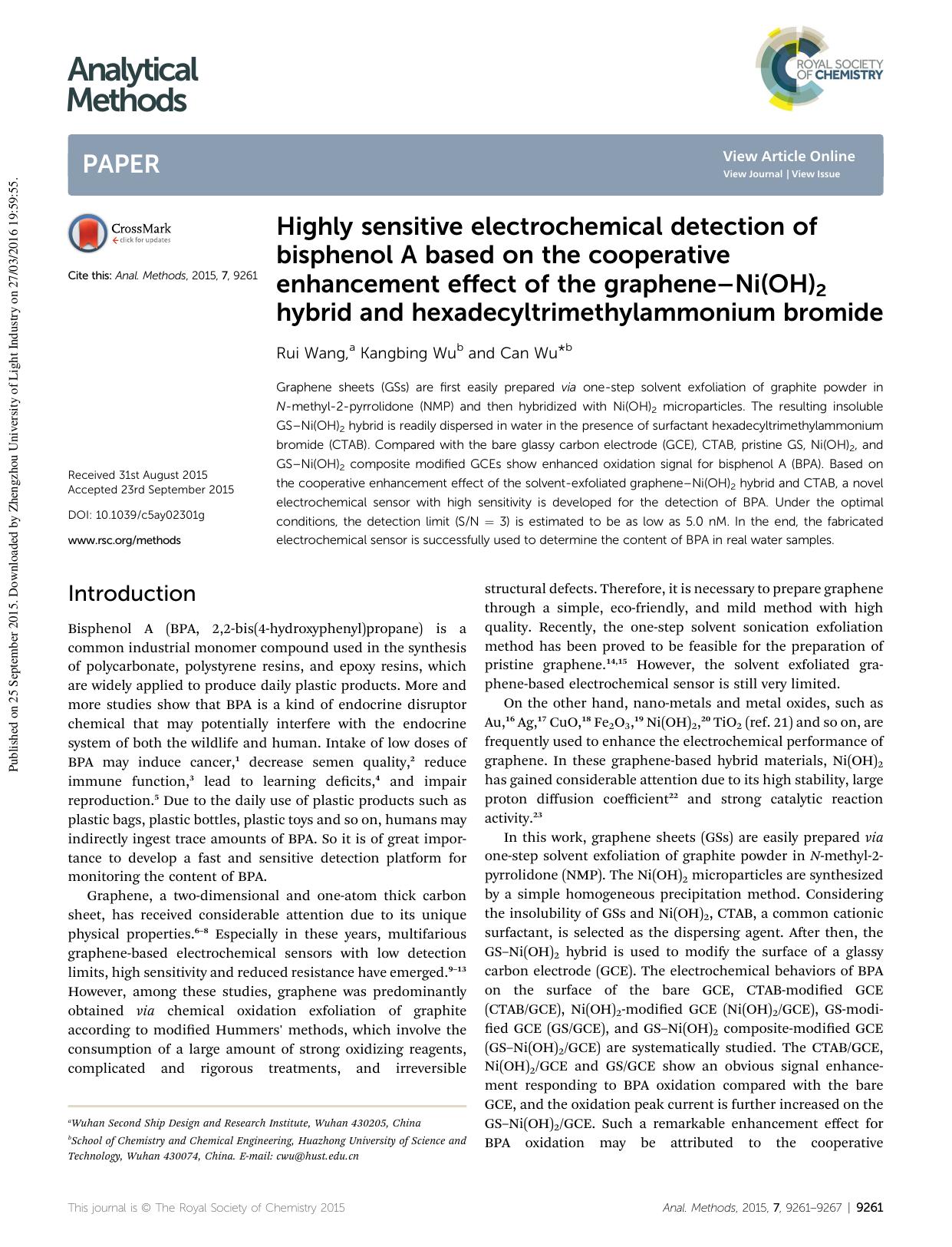 Highly sensitive electrochemical detection of bisphenol A based on the cooperative enhancement effect of the grapheneâNi(OH)2 hybrid and hexadecyltrimethylammonium bromide by Rui Wang & Kangbing Wu & Can Wu