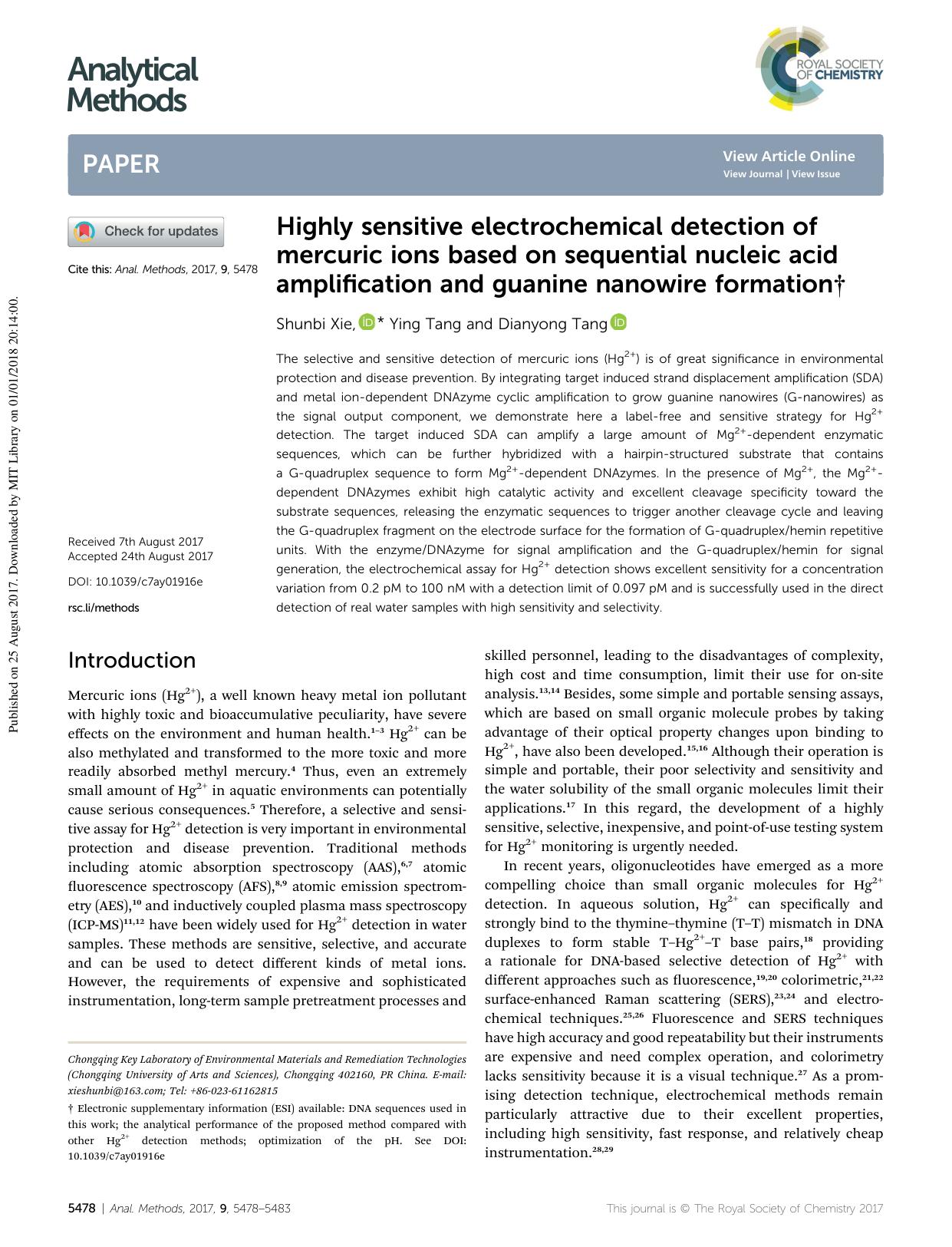 Highly sensitive electrochemical detection of mercuric ions based on sequential nucleic acid amplification and guanine nanowire formation by Shunbi Xie & Ying Tang & Dianyong Tang