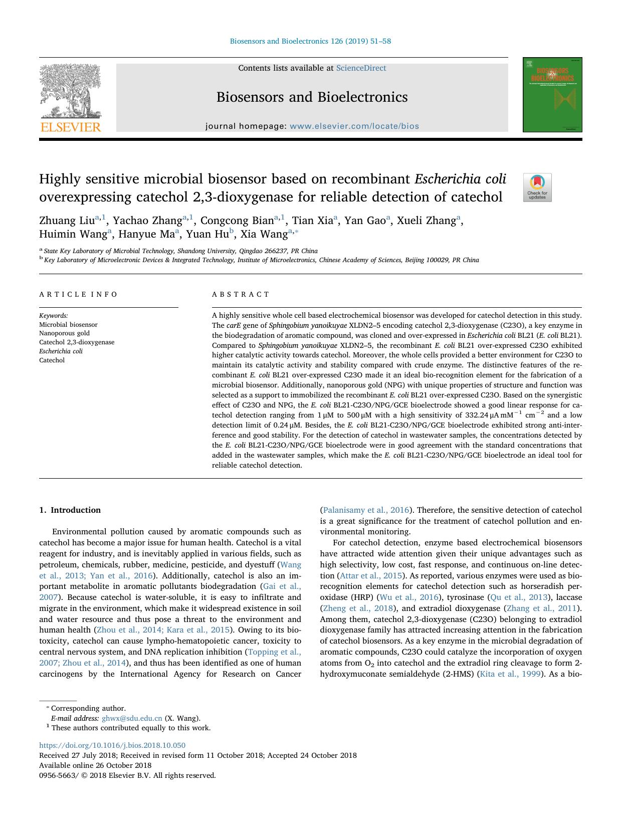 Highly sensitive microbial biosensor based on recombinant Escherichia coli overexpressing catechol 2,3-dioxygenase for reliable detection of catechol by unknow