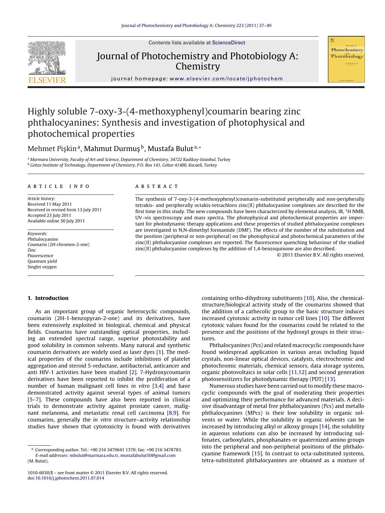 Highly soluble 7-oxy-3-(4-methoxyphenyl)coumarin bearing zinc phthalocyanines: Synthesis and investigation of photophysical and photochemical properties by Mehmet PiÅŸkin