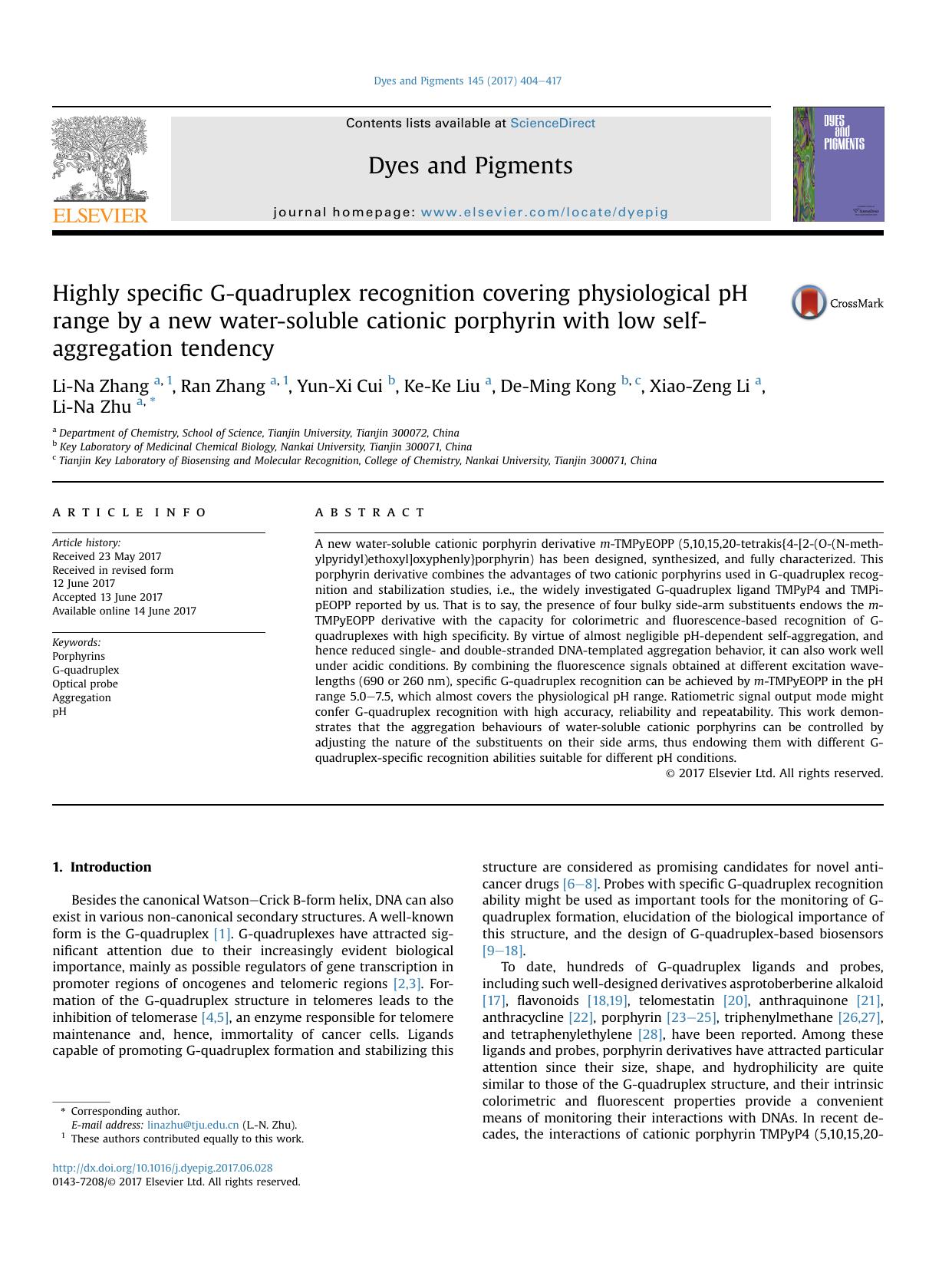 Highly specific G-quadruplex recognition covering physiological pH range by a new water-soluble cationic porphyrin with low self-aggregation tendency by Li-Na Zhang & Ran Zhang & Yun-Xi Cui & Ke-Ke Liu & De-Ming Kong & Xiao-Zeng Li & Li-Na Zhu