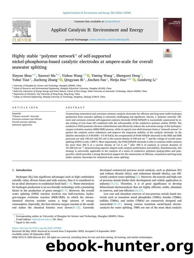 Highly stable âpolymer networkâ of self-supported nickel-phosphorus-based catalytic electrodes at ampere-scale for overall seawater splitting by unknow