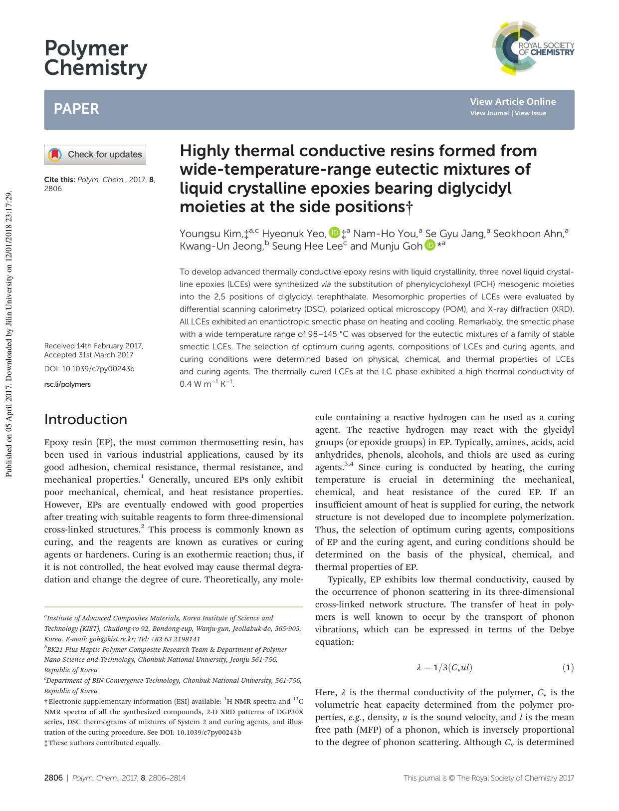 Highly thermal conductive resins formed from wide-temperature-range eutectic mixtures of liquid crystalline epoxies bearing diglycidyl moieties at the side positions by unknow