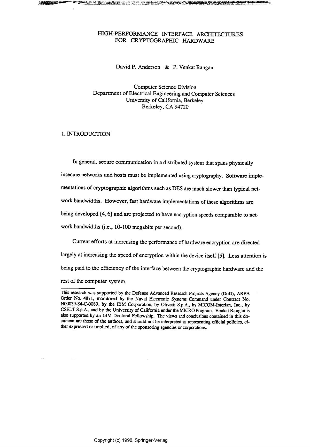 Highperformance interface architectures for cryptographic hardware by Anderson D. P. & Venkat Rangan P