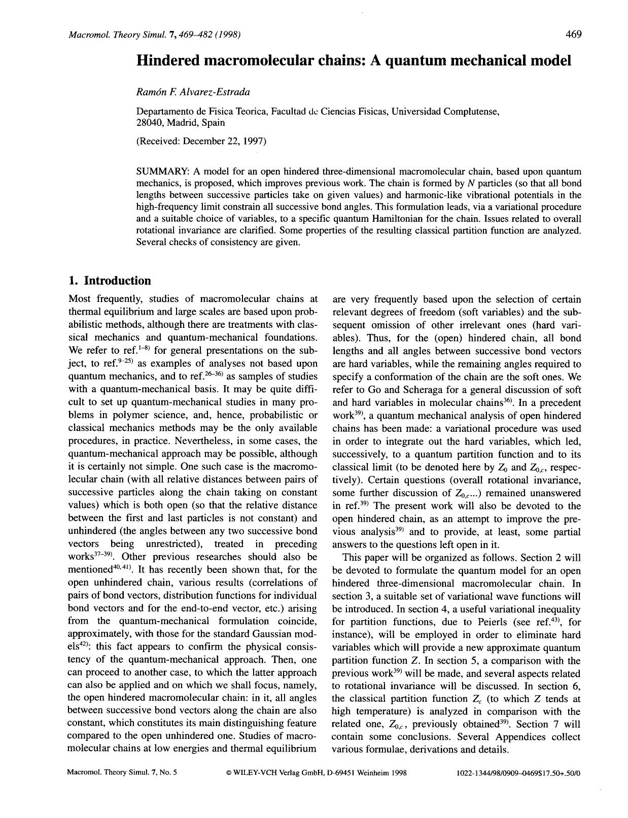 Hindered macromolecular chains: A quantum mechanical model by Unknown