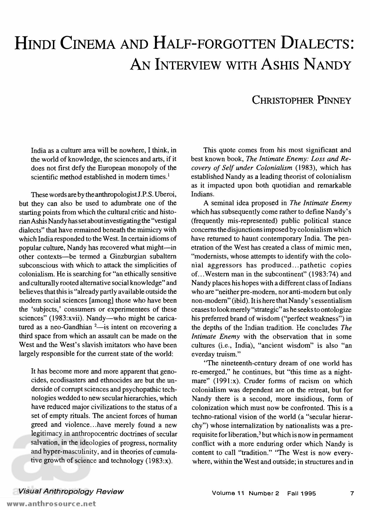 Hindi Cinema and Half-Forgotten Dialects: An Interview with Ashis Nandy by Christopher Pinney