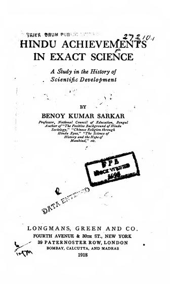 Hindu Achievements in Exact Science, A study in the history of scientific development by Benoy Kumar Sarkar