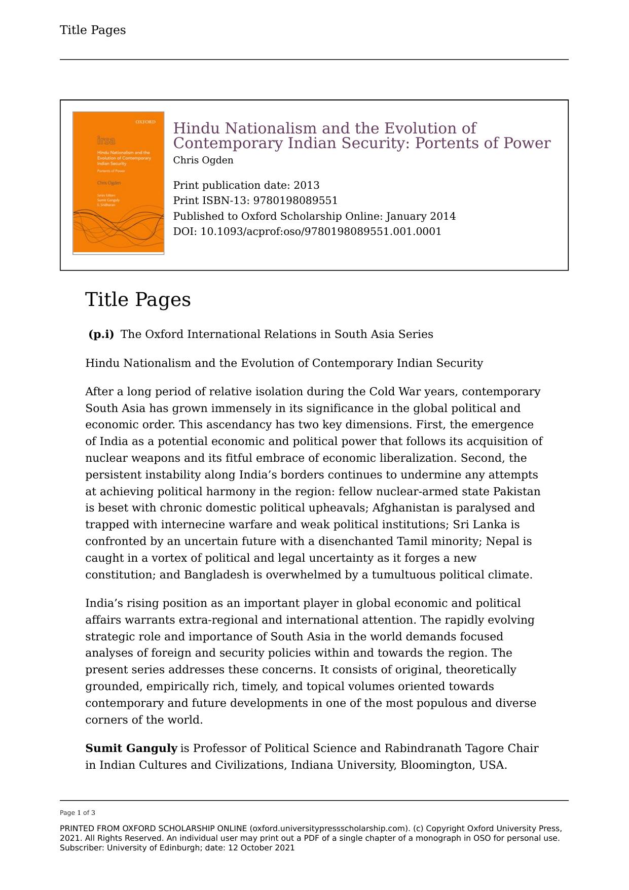 Hindu Nationalism and the Evolution of Contemporary Indian Security: Portents of Power by Chris Ogden