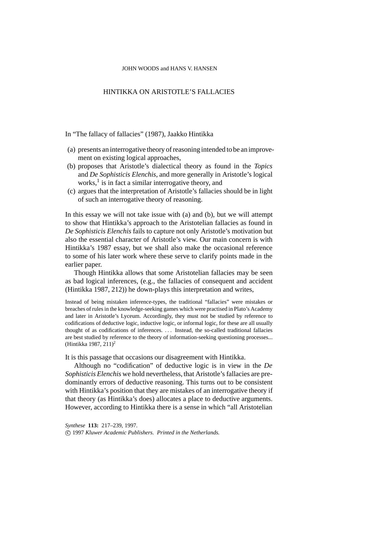 Hintikka on Aristotle's Fallacies by Unknown