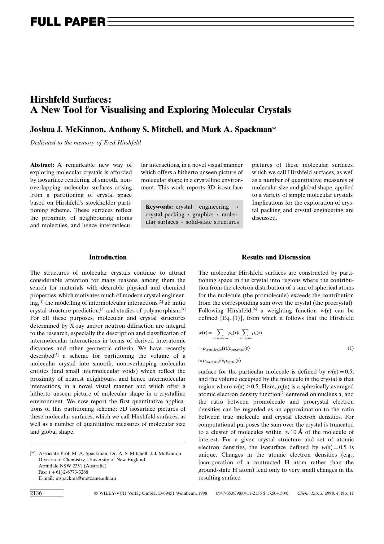 Hirshfeld Surfaces: A New Tool for Visualising and Exploring Molecular Crystals by Unknown