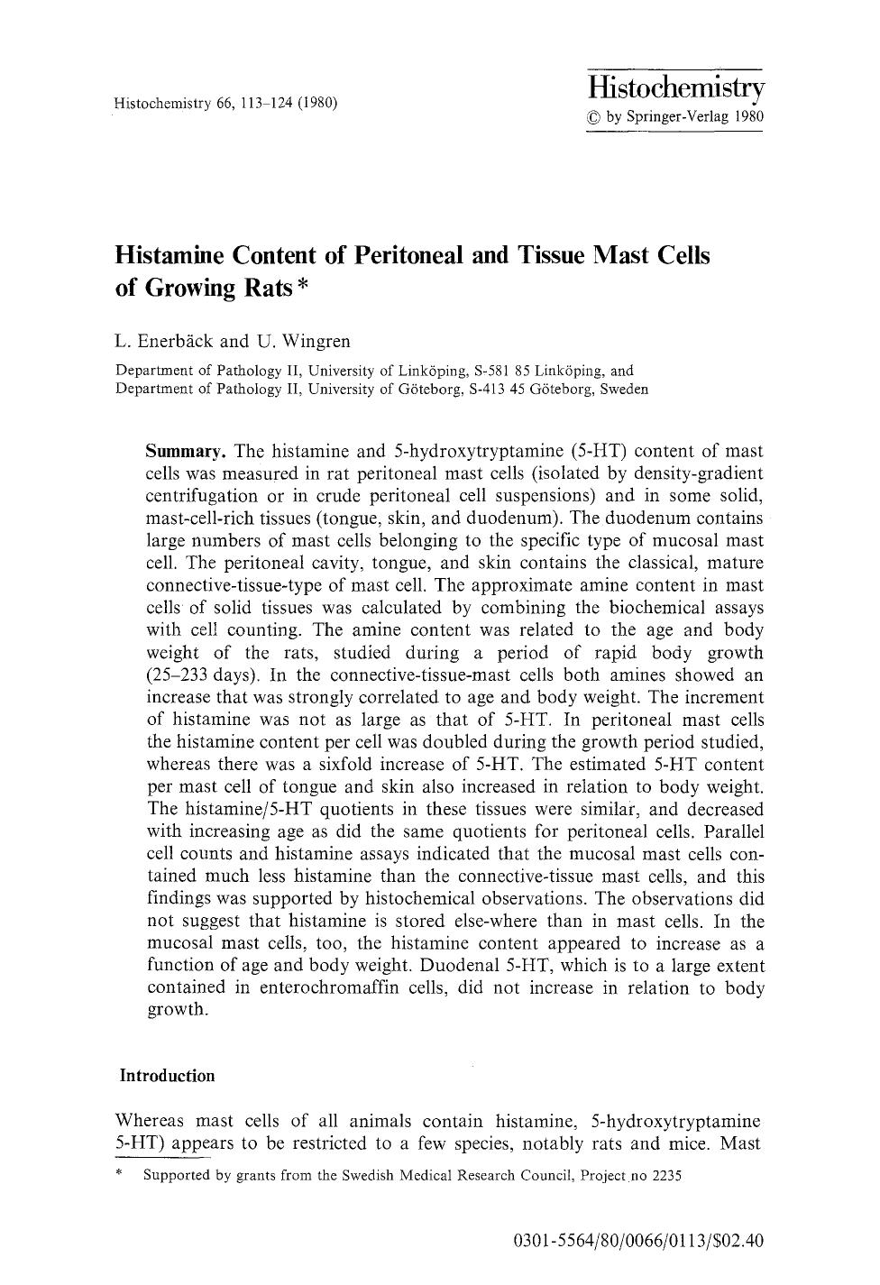 Histamine content of peritoneal and tissue mast cells of growing rats by Unknown