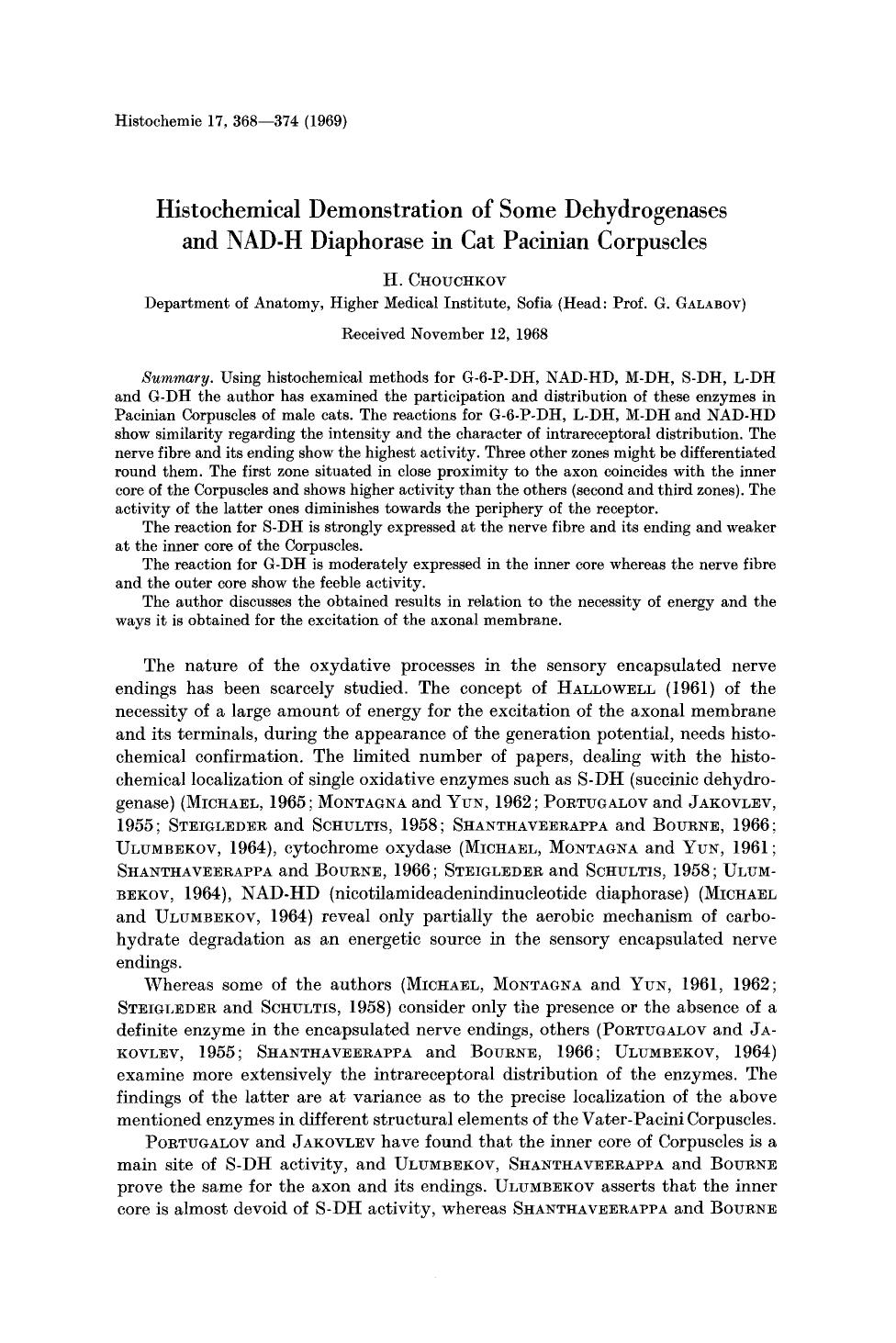 Histochemical demonstration of some dehydrogenases and NAD-H diaphorase in cat Pacinian Corpuscles by Unknown