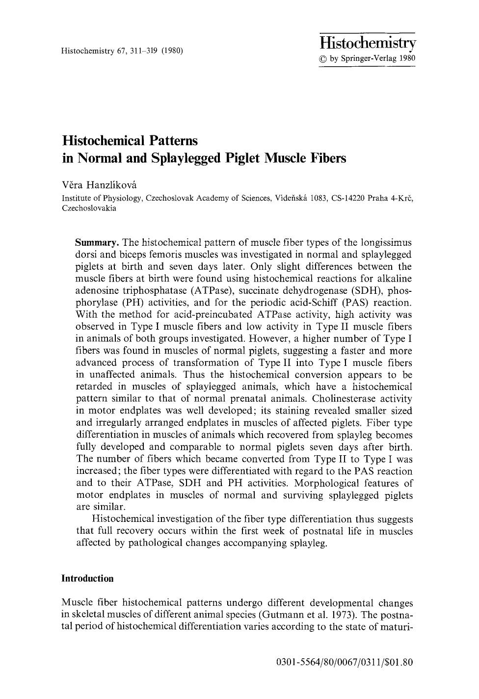 Histochemical patterns in normal and splaylegged piglet muscle fibers by Unknown