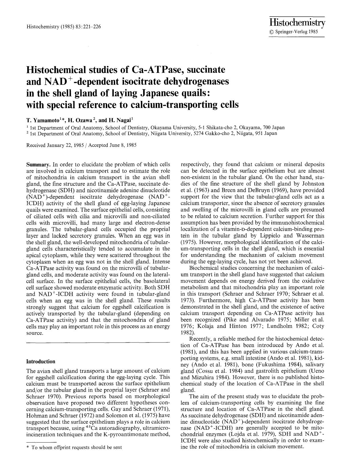 Histochemical studies of Ca-ATPase, succinate and NAD <Superscript>&#x002B; <Superscript>-dependent isocitrate dehydrogenases in the shell gland of laying Japanese quails: with spe by Unknown