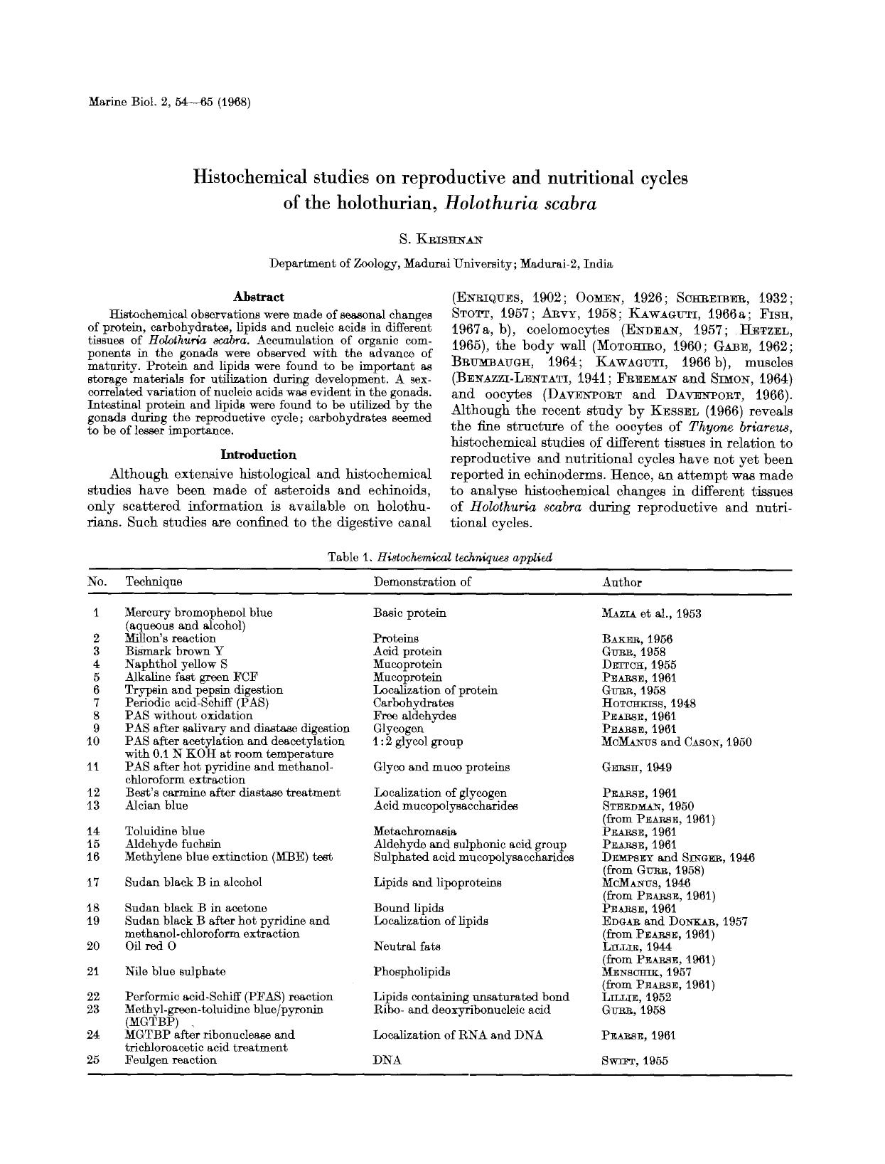 Histochemical studies on reproductive and nutritional cycles of the holothurian, <Emphasis Type="Italic">Holothuria scabra<Emphasis> by Unknown