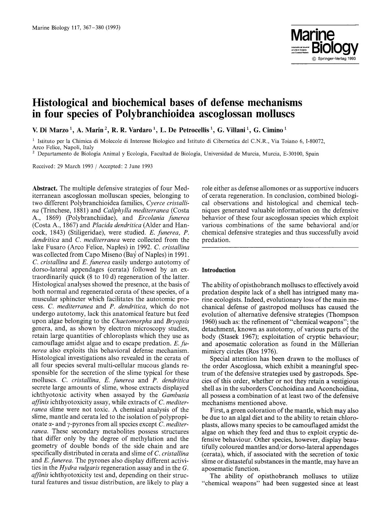 Histological and biochemical bases of defense mechanisms in four species of Polybranchioidea ascoglossan molluscs by Unknown