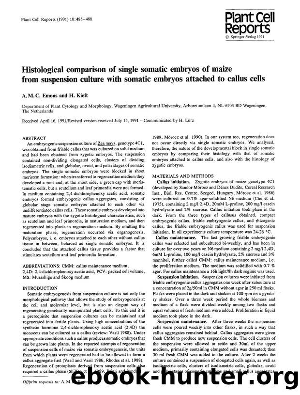 Histological comparison of single somatic embryos of maize from suspension culture with somatic embryos attached to callus cells by Unknown