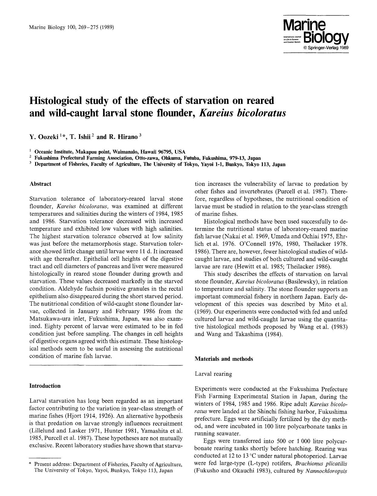 Histological study of the effects of starvation on reared and wild-caught larval stone flounder, <Emphasis Type="Italic">Kareius bicoloratus<Emphasis> by Unknown