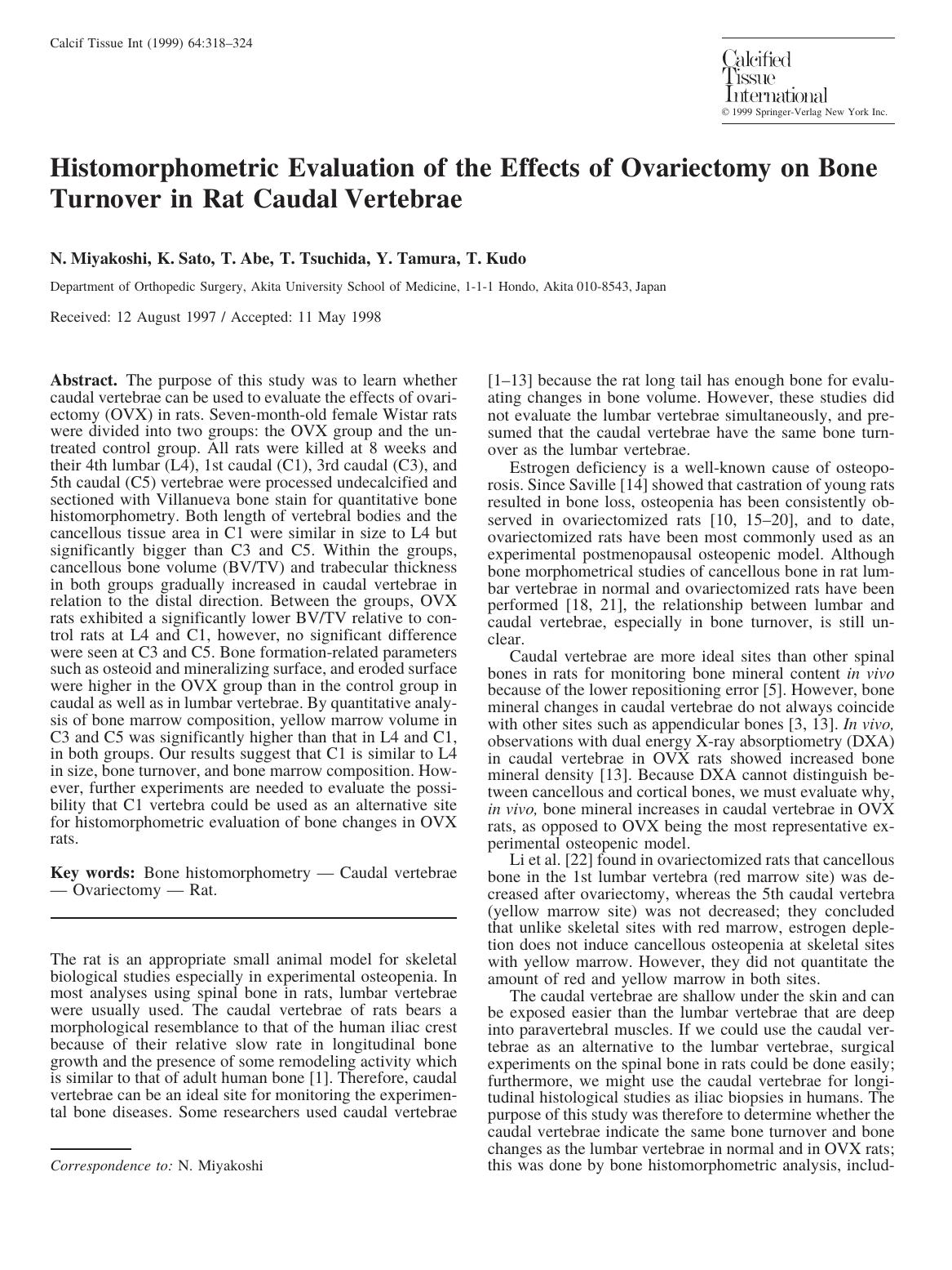 Histomorphometric Evaluation of the Effects of Ovariectomy on Bone Turnover in Rat Caudal Vertebrae by Miyakoshi N. et al