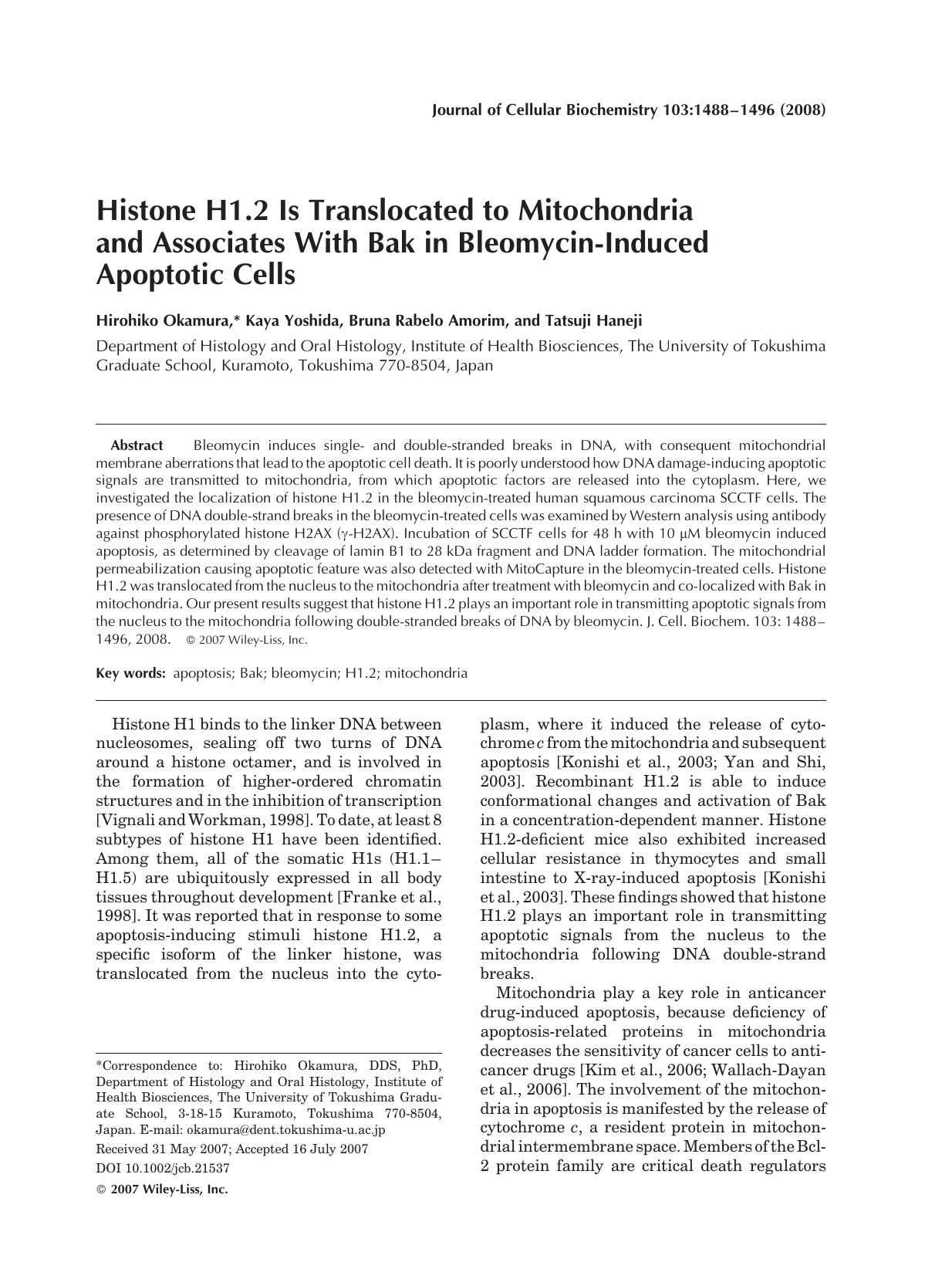 Histone H1.2 is translocated to mitochondria and associates with bak in bleomycin-induced apoptotic cells by Unknown