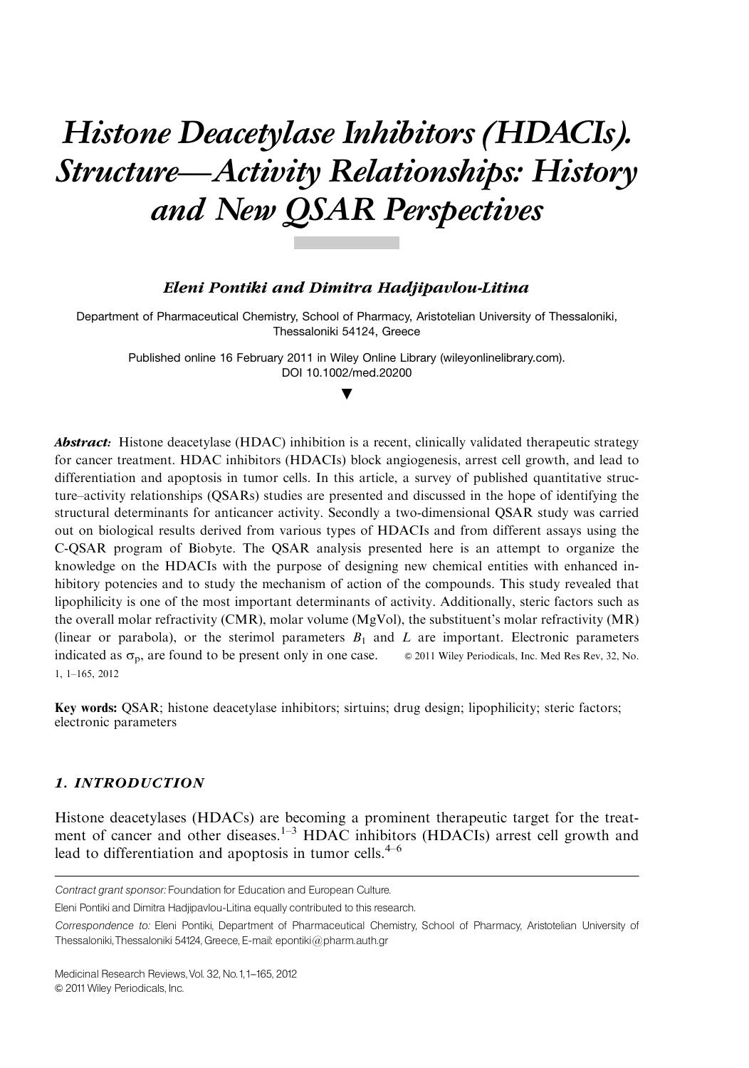 Histone deacetylase inhibitors (HDACIs). Structureactivity relationships: history and new QSAR perspectives by Unknown