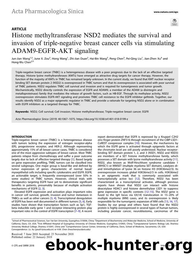 Histone methyltransferase NSD2 mediates the survival and invasion of triple-negative breast cancer cells via stimulating ADAM9-EGFR-AKT signaling by unknow