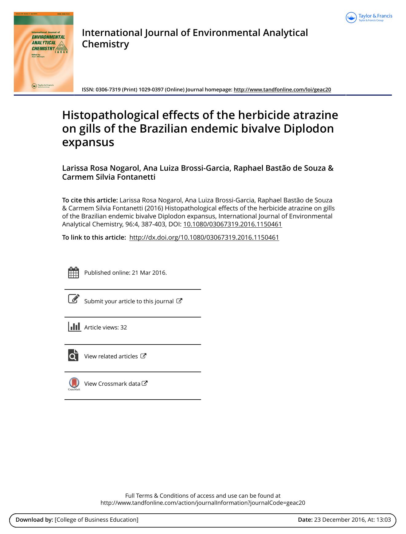 Histopathological effects of the herbicide atrazine on gills of the Brazilian endemic bivalve Diplodon expansus by Larissa Rosa Nogarol & Ana Luiza Brossi-Garcia & Raphael Bastão de Souza & Carmem Silvia Fontanetti