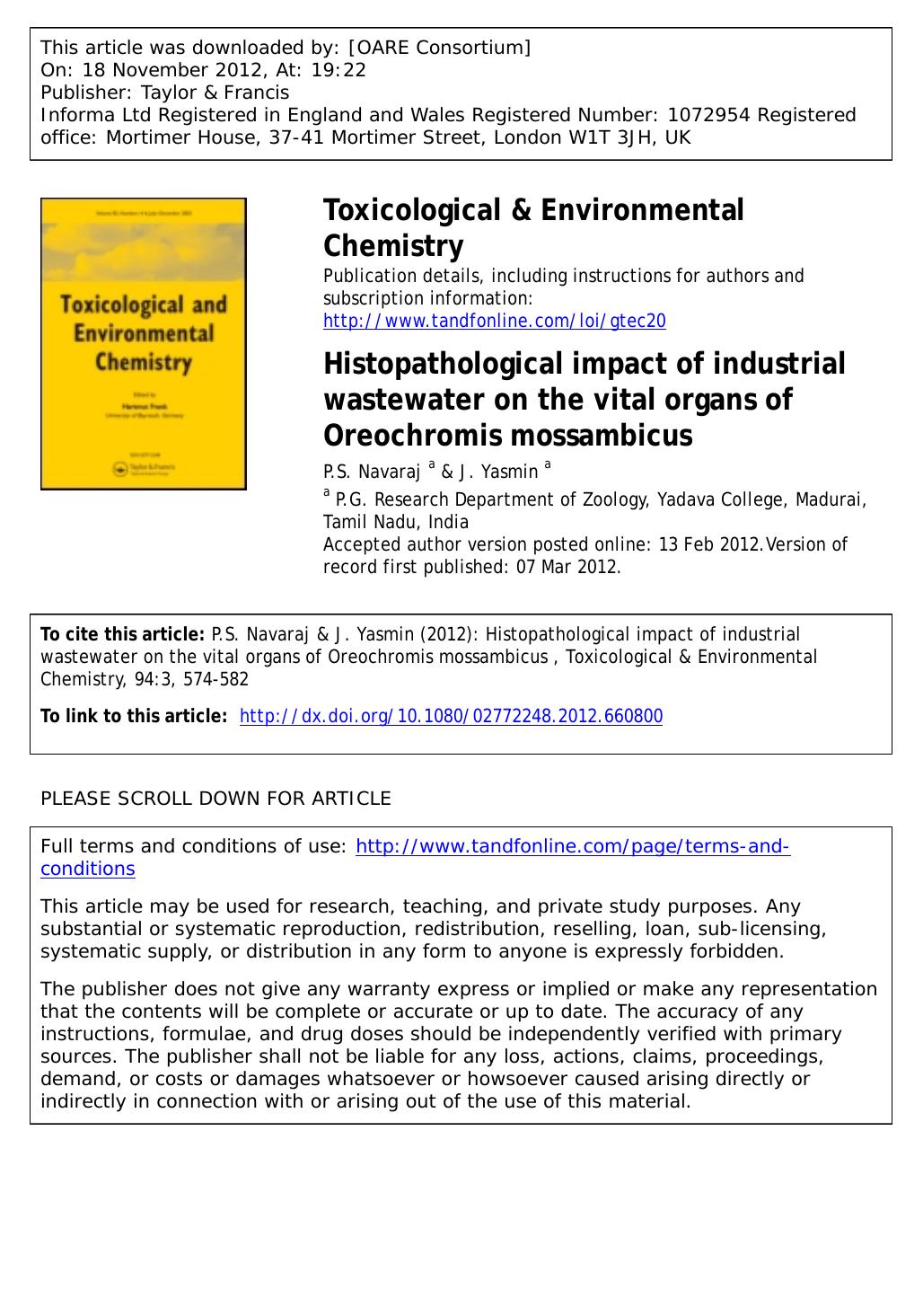 Histopathological impact of industrial wastewater on the vital organs of Oreochromis mossambicus by P.S. Navaraj & J. Yasmin
