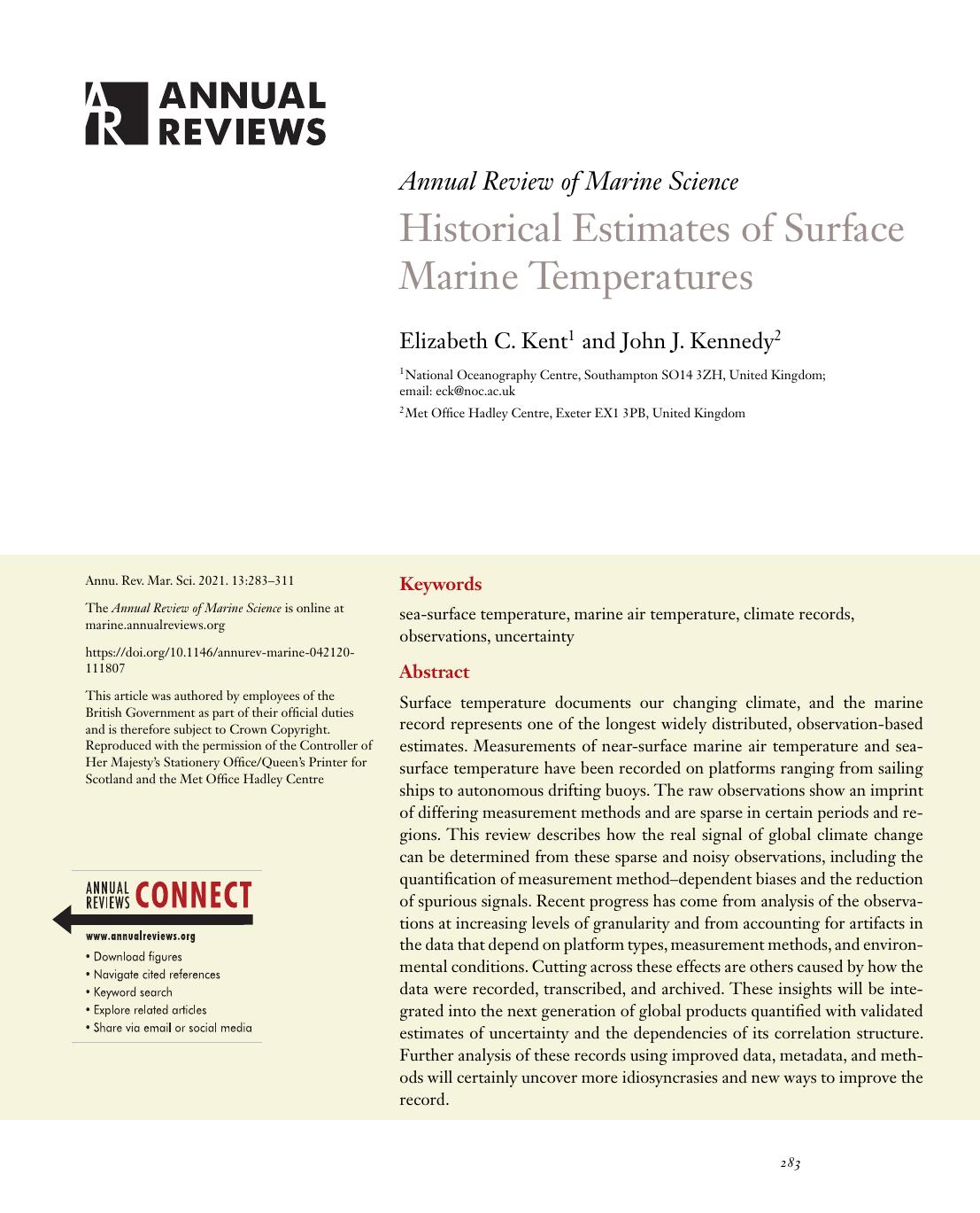 Historical Estimates of Surface Marine Temperatures by Elizabeth C. Kent and John J. Kennedy