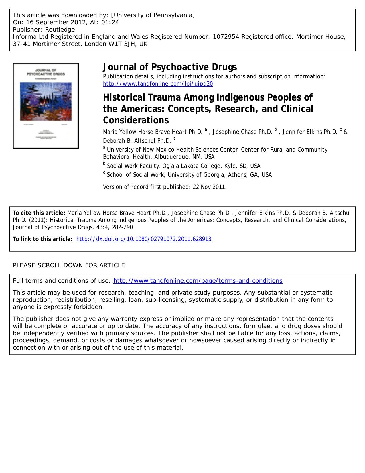 Historical Trauma Among Indigenous Peoples of the Americas: Concepts, Research, and Clinical Considerations by unknow