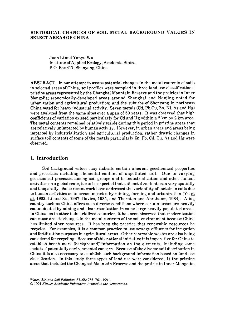 Historical changes of soil metal background values in select areas of china by Unknown