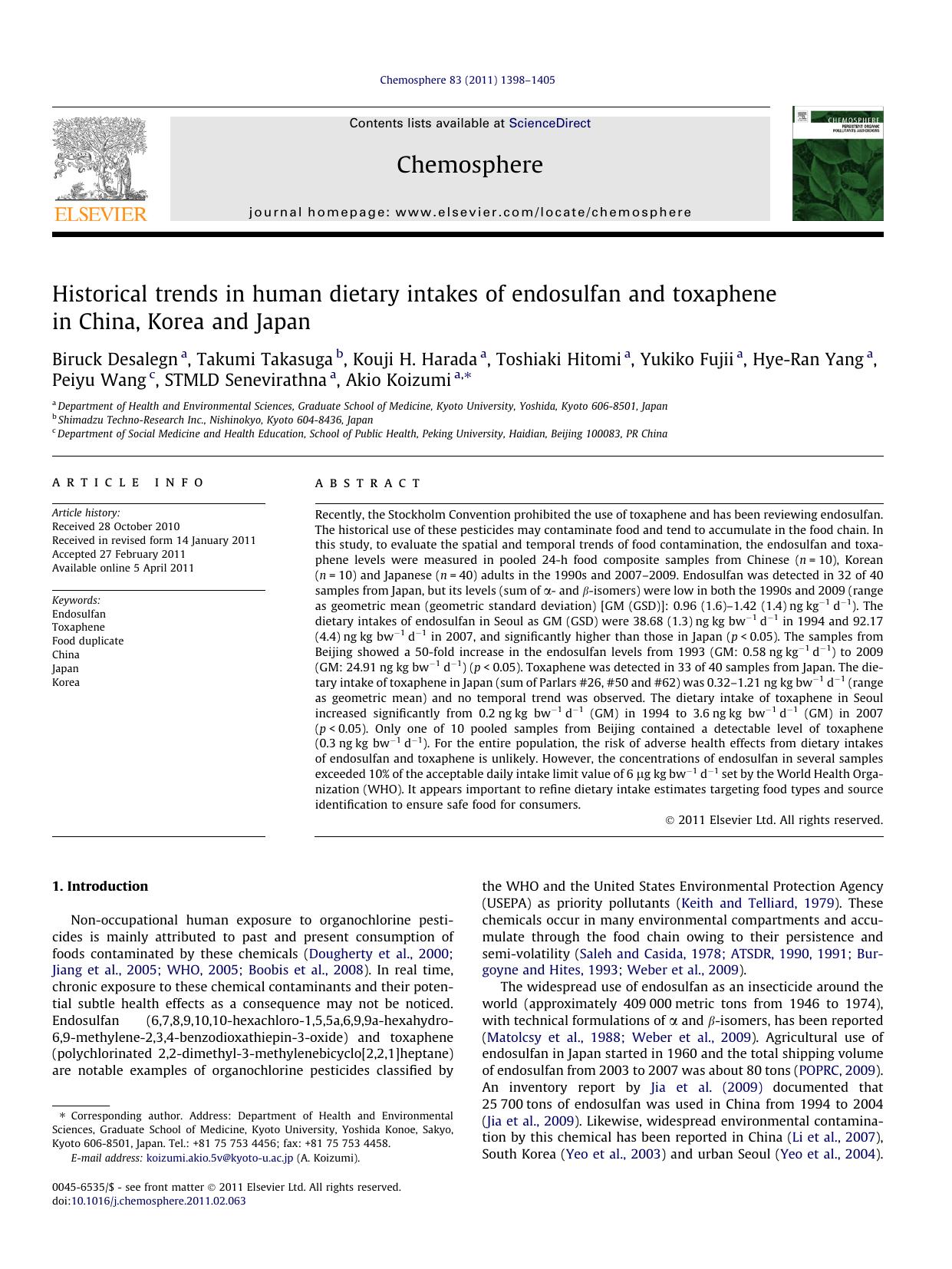 Historical trends in human dietary intakes of endosulfan and toxaphene in China, Korea and Japan by unknow