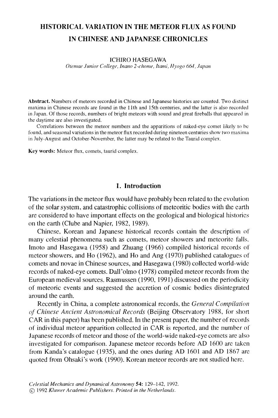 Historical variation in the meteor flux as found in Chinese and Japanese chronicles by Unknown